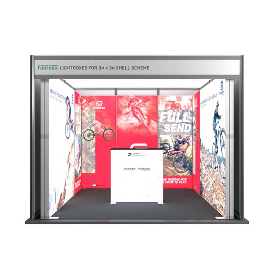 3m x 3m FABRILUX® LED Lightboxes U-Shaped Exhibition Stand Shell Scheme